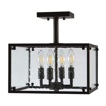 Paysan 13" Iron/Seeded Glass Rustic Farmhouse LED Flush Mount - JONATHAN Y